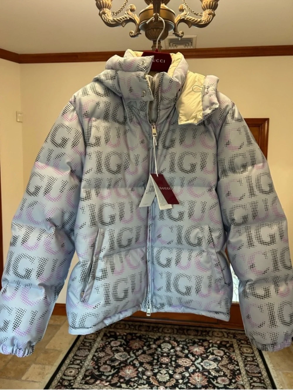 Men’s Gucci printed technical poplin puffer jacket size 54/XXL made in Italy